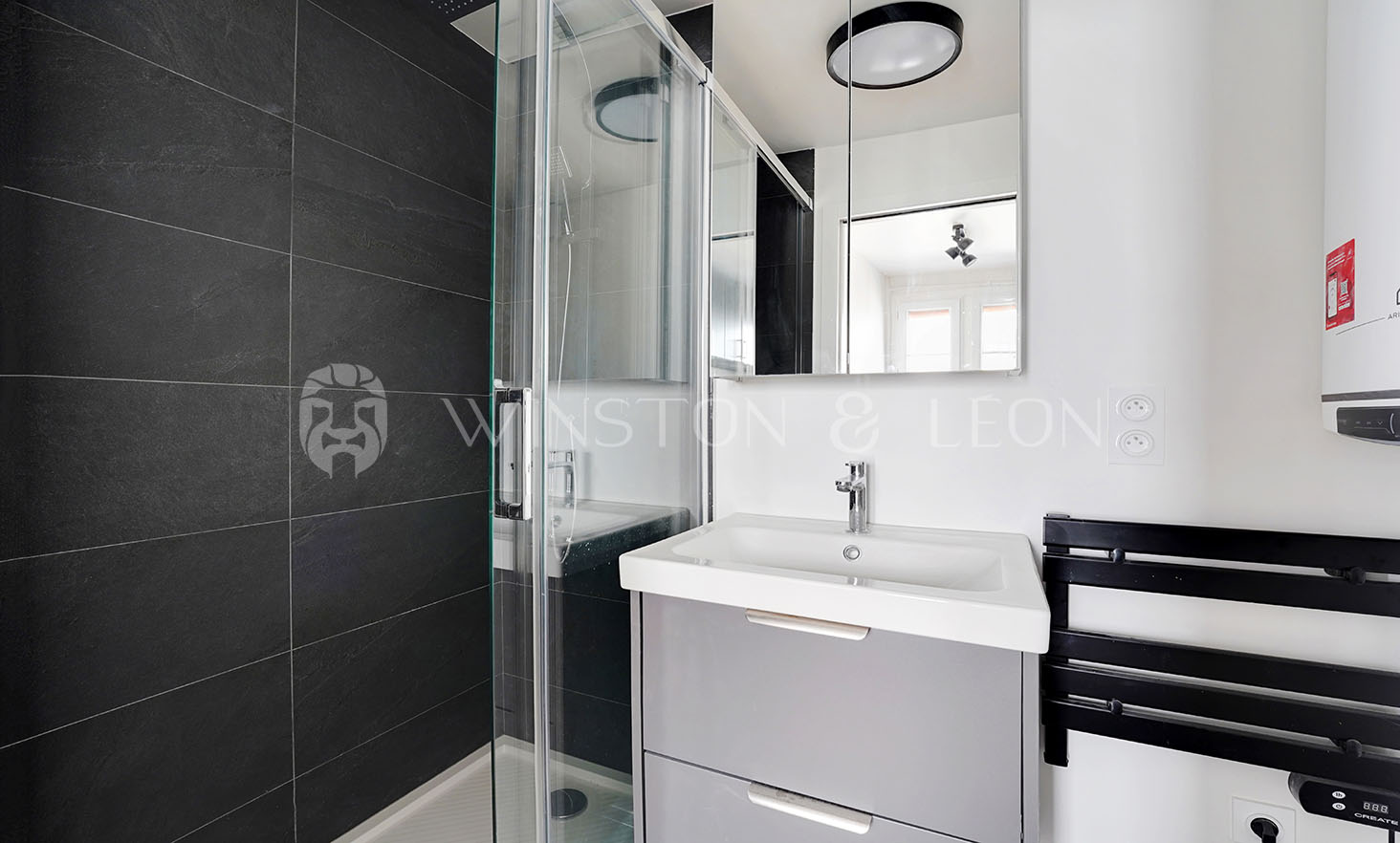 This premium modern bathroom features a dark tile shower with glass doors and sleek fixtures. A white sink with a gray cabinet sits beneath a large mirror, while a black towel rack adorns the wall. A stylish ceiling light enhances the furnished spaces elegance, reminiscent of Parisian chic.