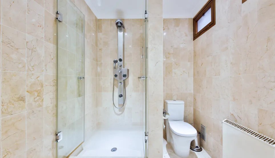 Modern luxury bathroom: walk-in shower, light marble tiles, toilet. Sleek design and high-end fixtures.