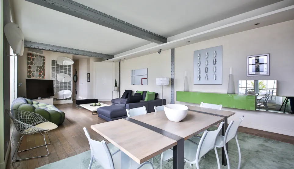 Stunning luxury loft, contemporary design. Bright living-dining area, elegant furniture, industrial beams. Modern and spacious living space.