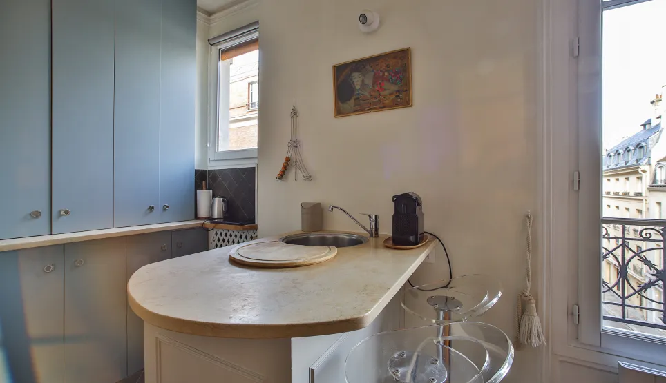 Modern, elegant kitchen with island/bar, breathtaking Parisian rooftop views. Luxury Paris apartment, contemporary design.