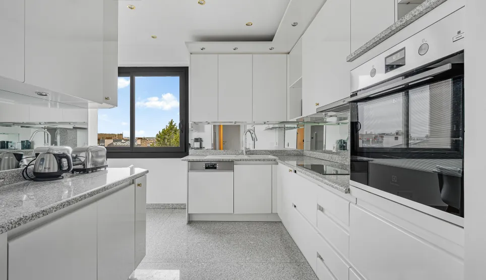 Modern, bright luxury kitchen. Sleek design, integrated appliances, granite countertops. Open view.