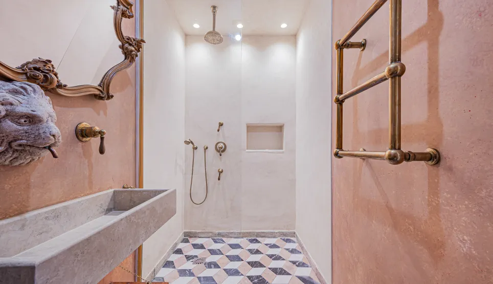 Luxury bathroom featuring walk-in shower, stone trough sink, lion head faucet, ornate mirror, and geometric tiles. Unique elegant design.