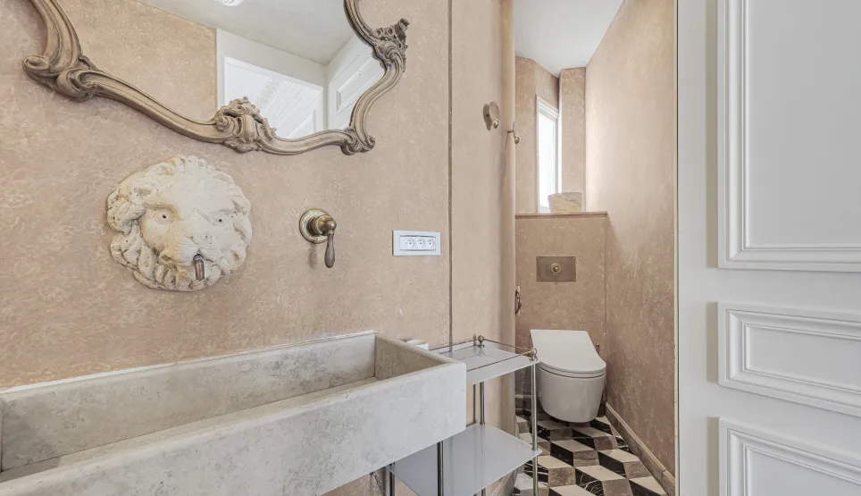 Luxury powder room: ornate baroque mirror, stone sink, lion head faucet. Elegant design, geometric tiles. Chic and refined interior.