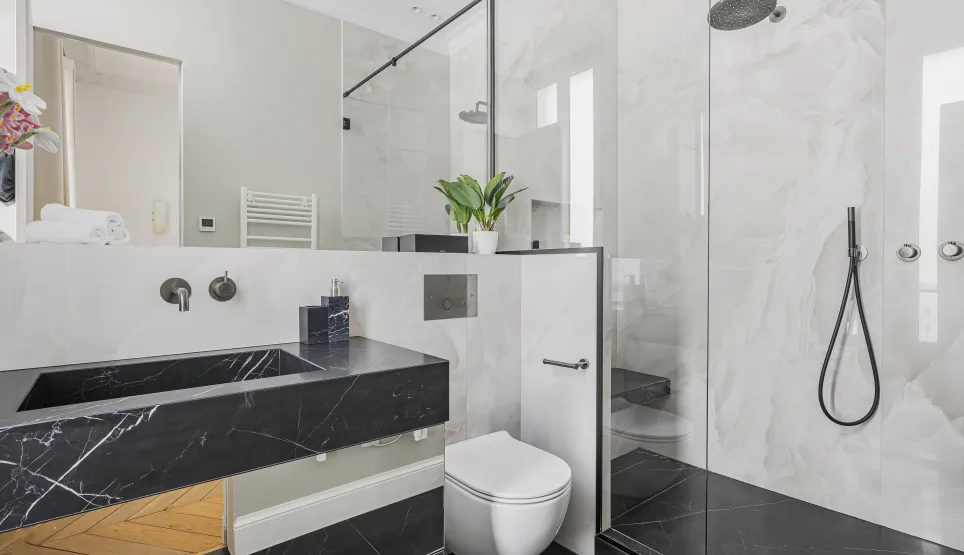 Luxury black and white marble bathroom. Walk-in shower, designer vanity. Contemporary elegance for high-end property.