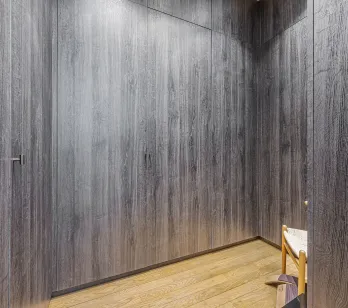 Luxury design: integrated dark wood paneling, light wood floor. Modern, minimalist interior, ideal for high-end hallway or dressing.