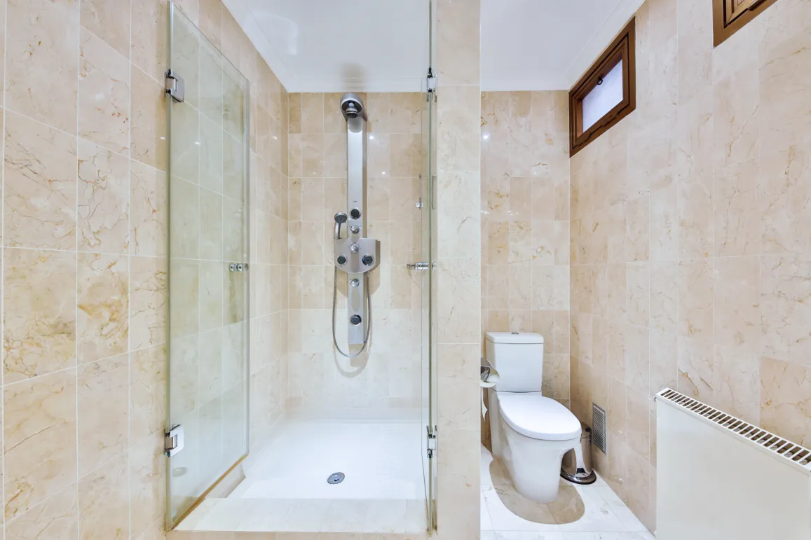 Modern luxury bathroom: walk-in shower, light marble tiles, toilet. Sleek design and high-end fixtures.