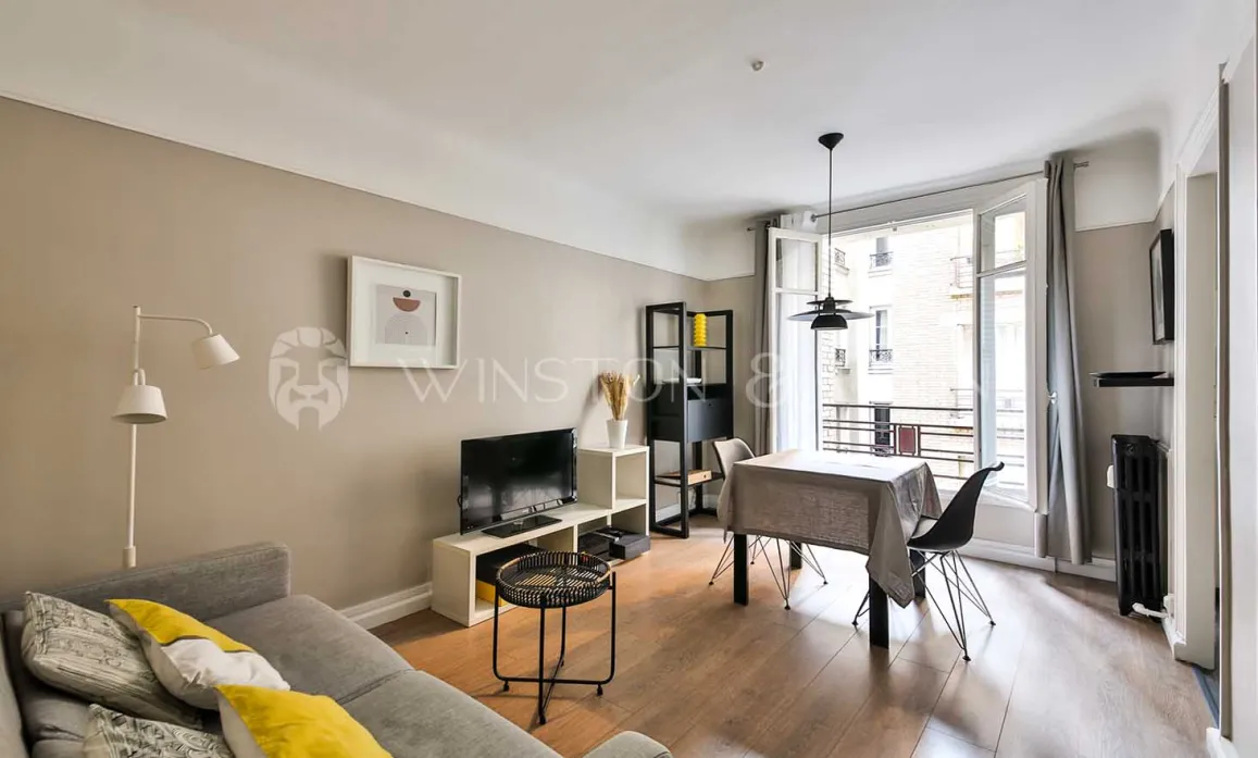 Luxury apartment: modern, bright living-dining room with balcony. Sleek design, optimal comfort. Perfect for city living.