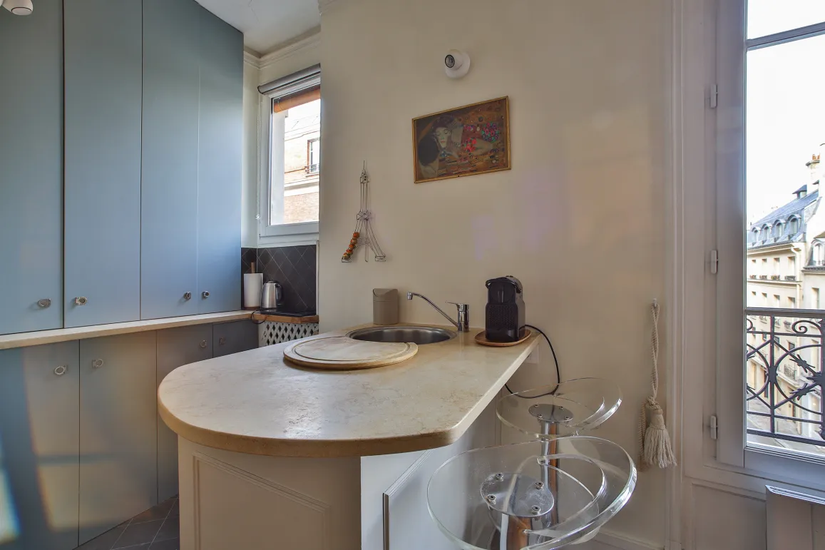 Modern, elegant kitchen with island/bar, breathtaking Parisian rooftop views. Luxury Paris apartment, contemporary design.