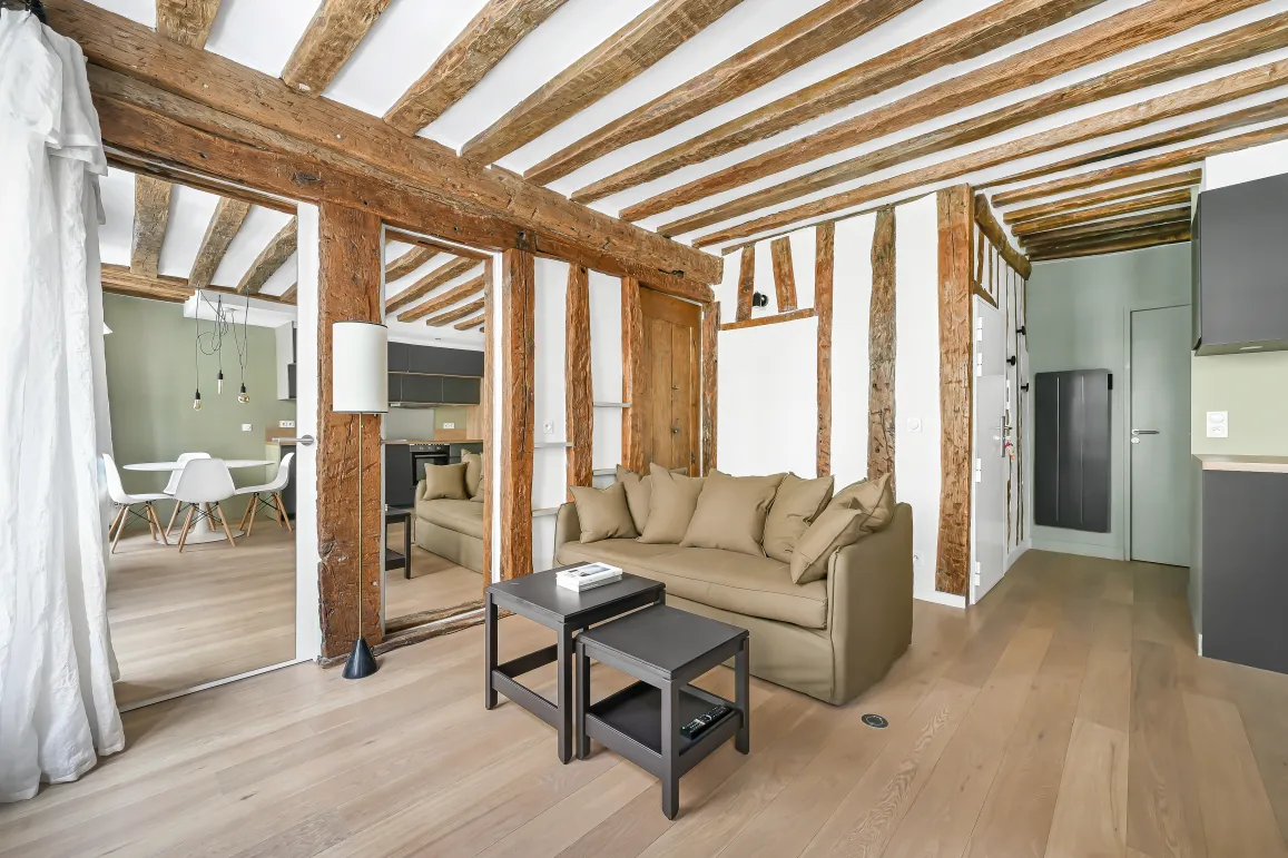 Stunning luxury Parisian apartment. Living room with exposed beams, light wood floor. Contemporary design & renovated historic charm.