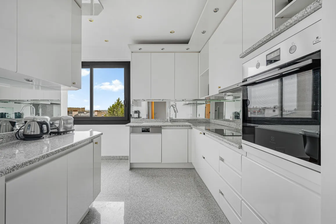 Modern, bright luxury kitchen. Sleek design, integrated appliances, granite countertops. Open view.