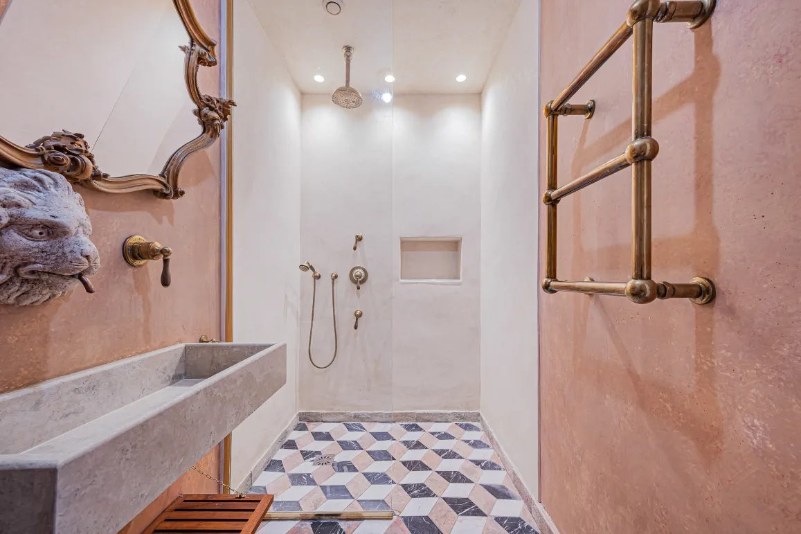 Luxury bathroom featuring walk-in shower, stone trough sink, lion head faucet, ornate mirror, and geometric tiles. Unique elegant design.