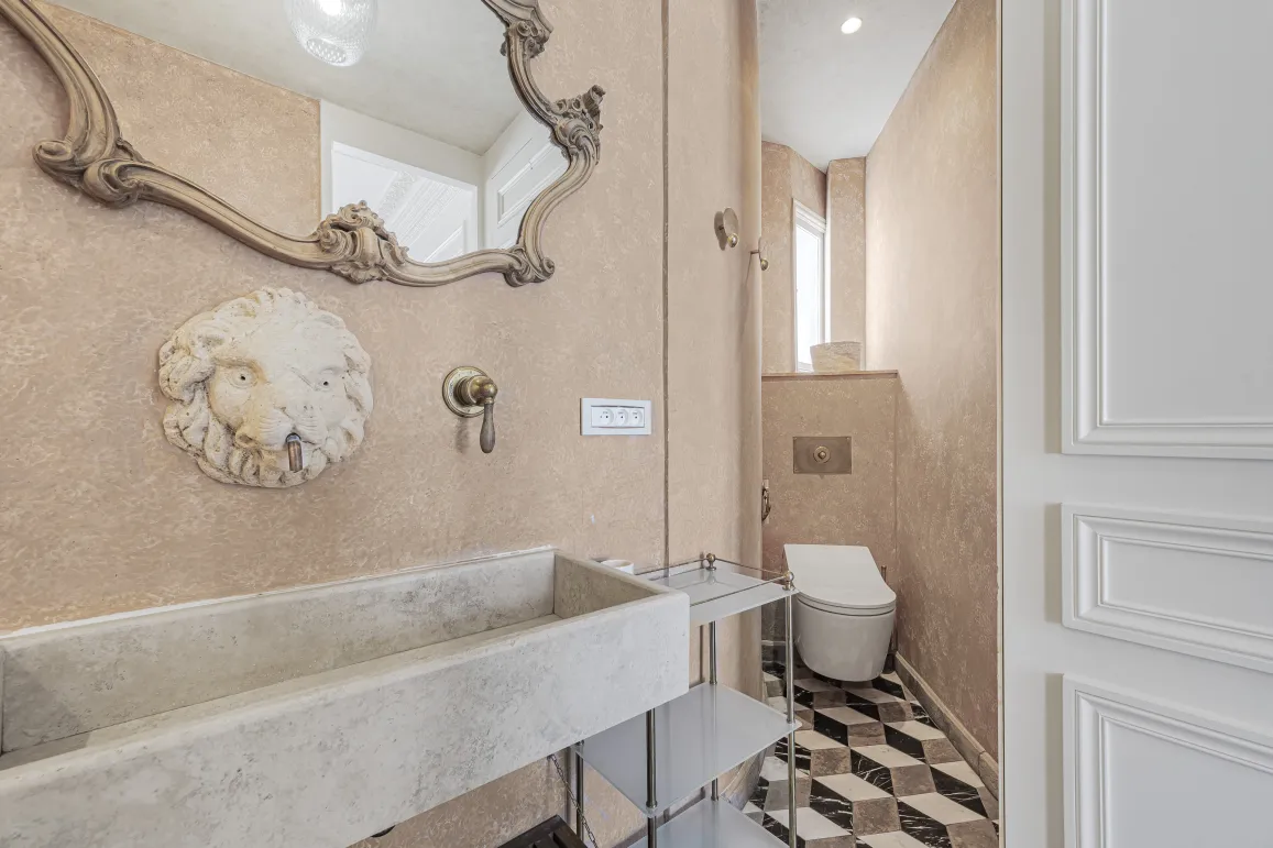 Luxury powder room: ornate baroque mirror, stone sink, lion head faucet. Elegant design, geometric tiles. Chic and refined interior.