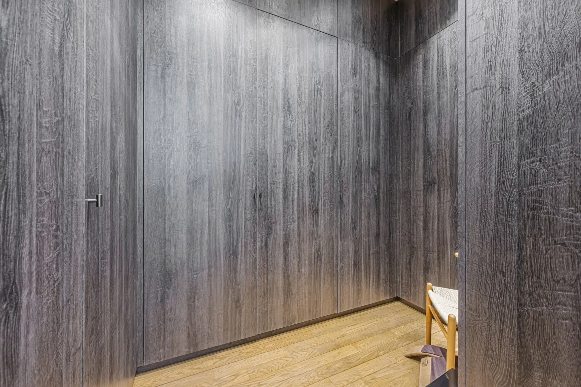 Luxury design: integrated dark wood paneling, light wood floor. Modern, minimalist interior, ideal for high-end hallway or dressing.