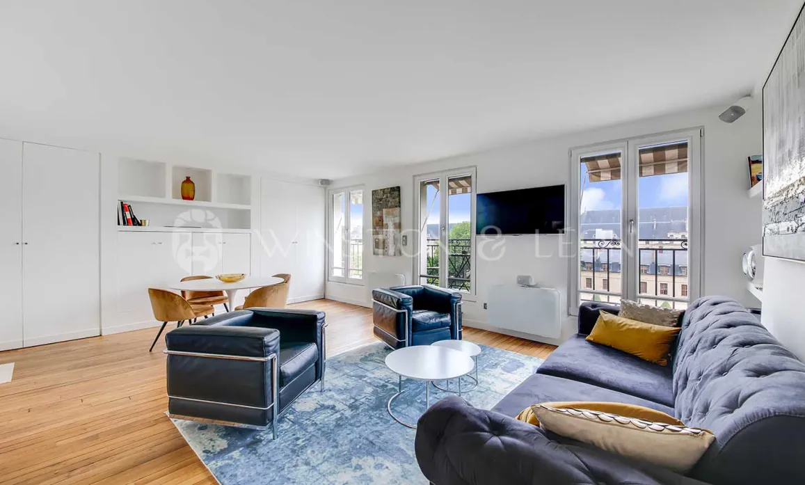Bright luxury living-dining room, modern design, balcony view. Parisian elegance for an exceptional apartment.