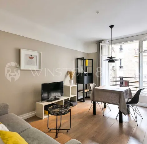 Luxury apartment: modern, bright living-dining room with balcony. Sleek design, optimal comfort. Perfect for city living.